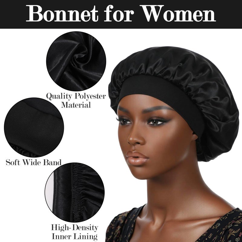 JOUTYFOR 12 Pcs Silk Bonnet for Women Curly Hair Satin Bonnet Hair Wrap for Sleeping Cap with Tie Band Soft and Breathable (Black) - Image 3